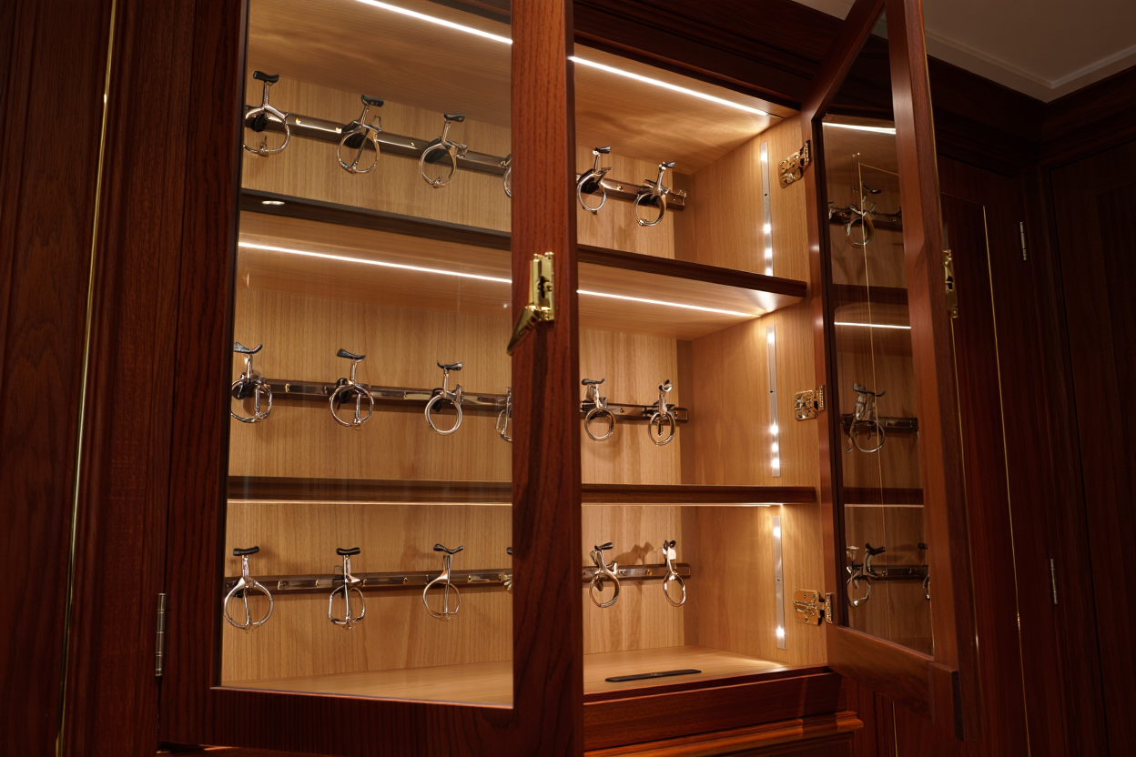 Rendering of a lighted walnut cabinet with glass doors and bits hung on display