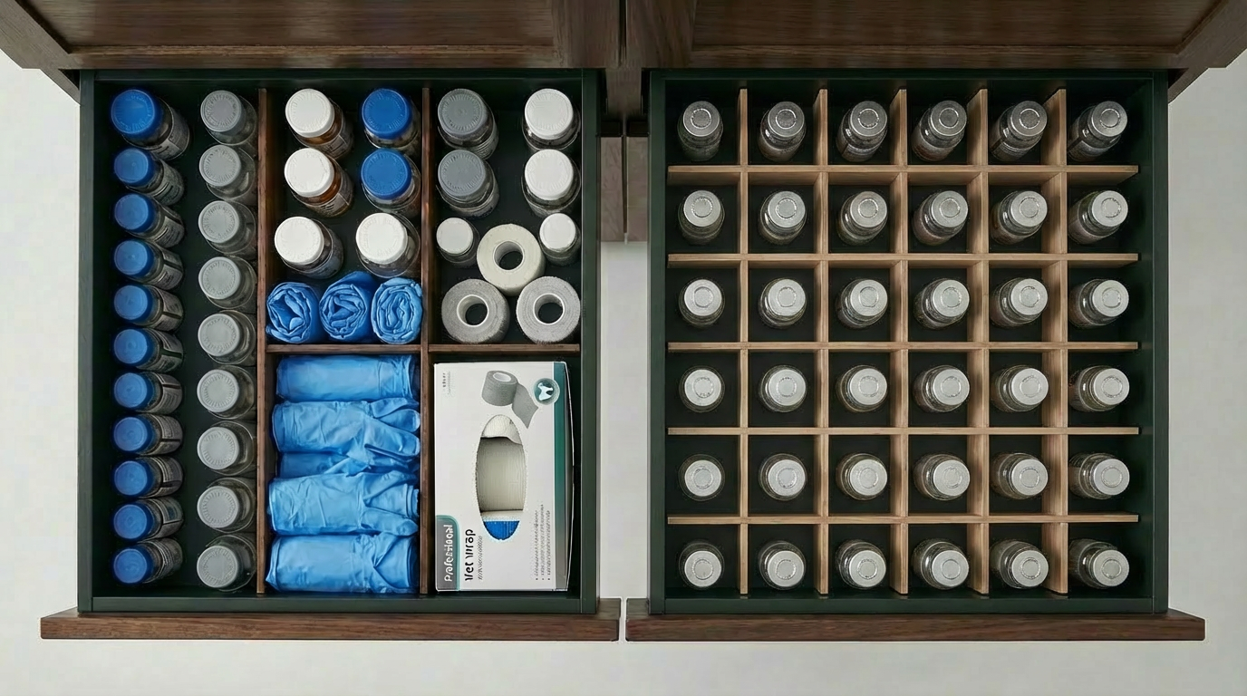 Drawer inserts organising vet supplies and medicine bottles