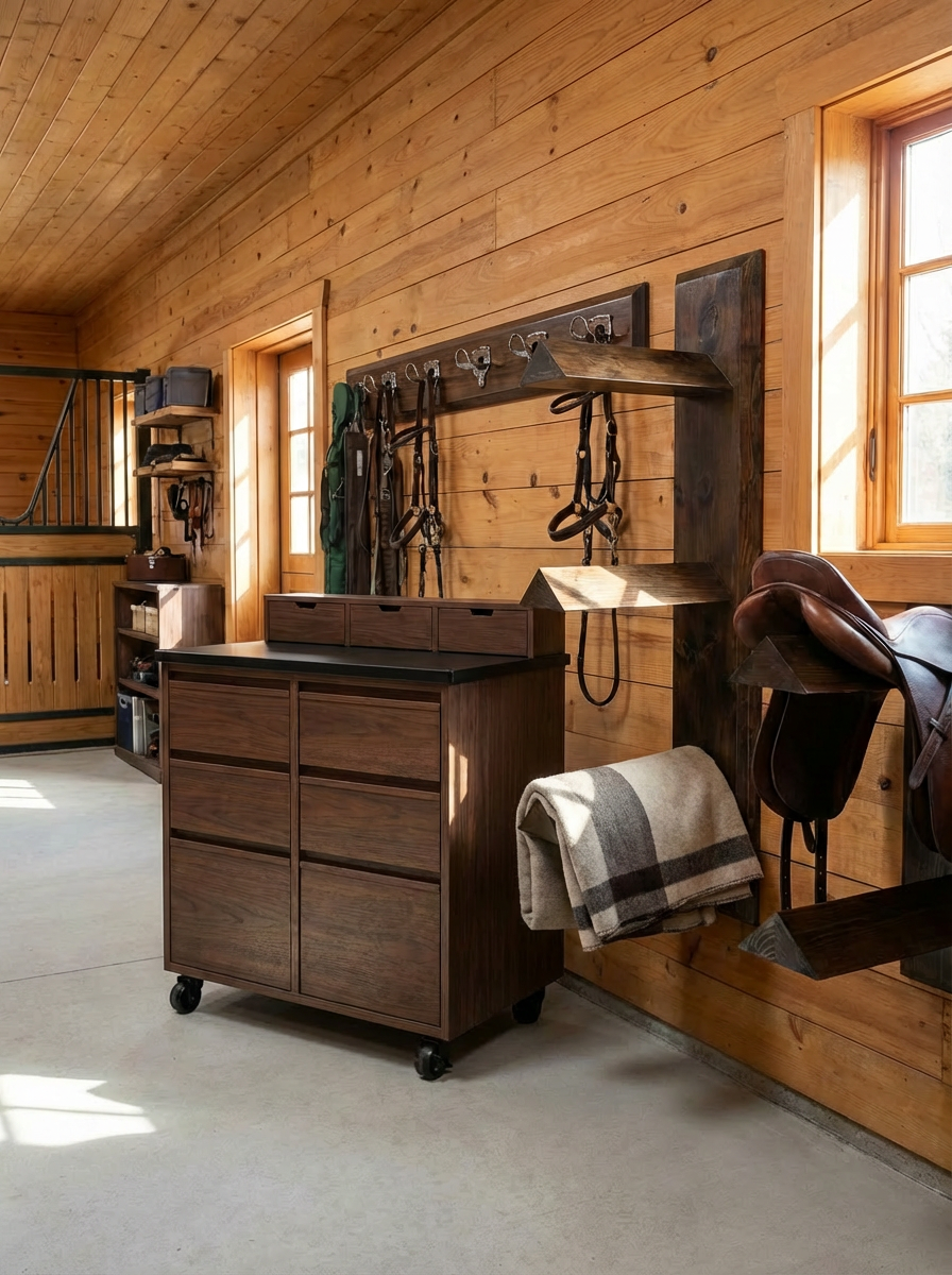 Rolling walnut vet cabinet in a timber tack room