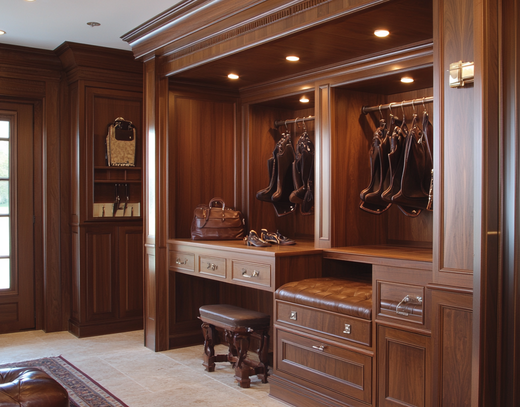 Walnut-panelled tack room with bridle alcove and bench