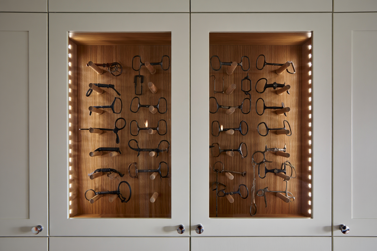 Illuminated bit display cabinet in walnut
